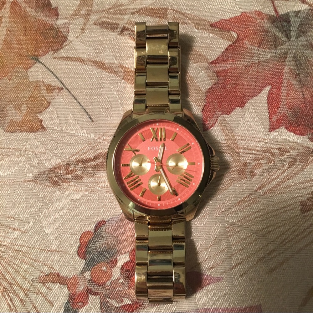 Gold Coral face Fossil watch